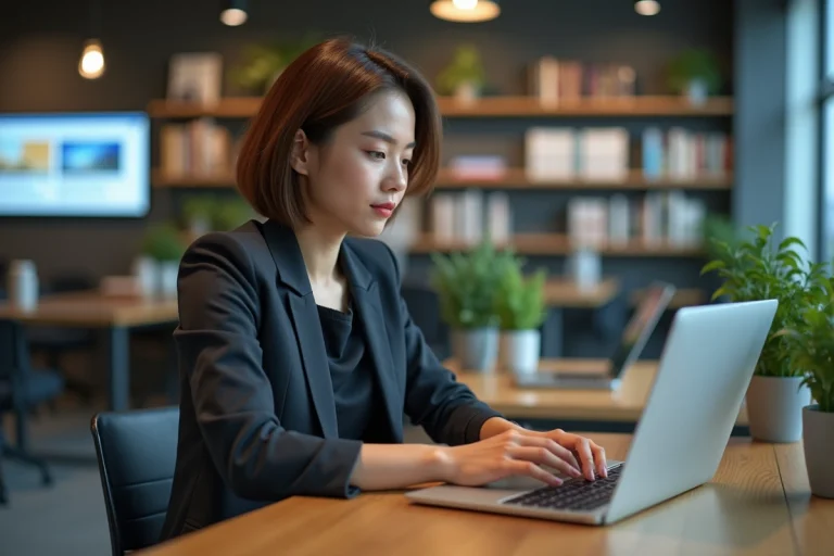 Jeune femme professionnelle tapant sur un ordinateur portable dans un bureau moderne