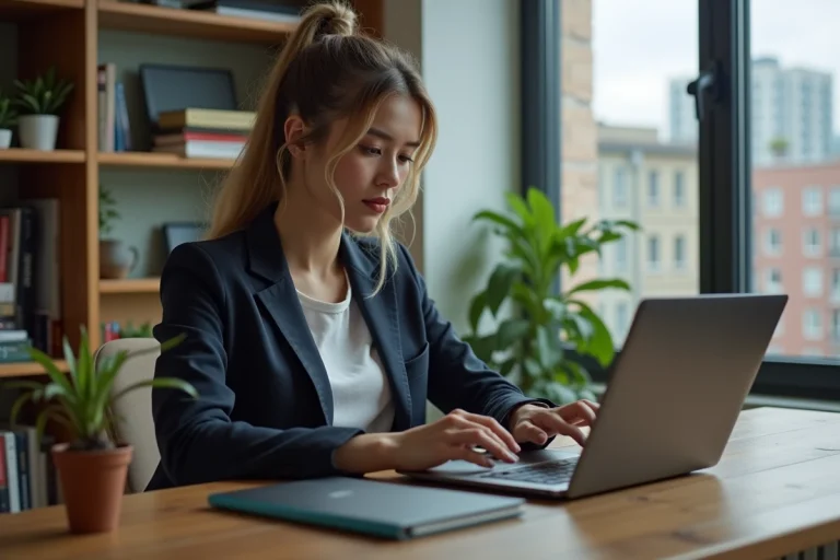 Jeune femme en bureau moderne naviguant sur un laptop