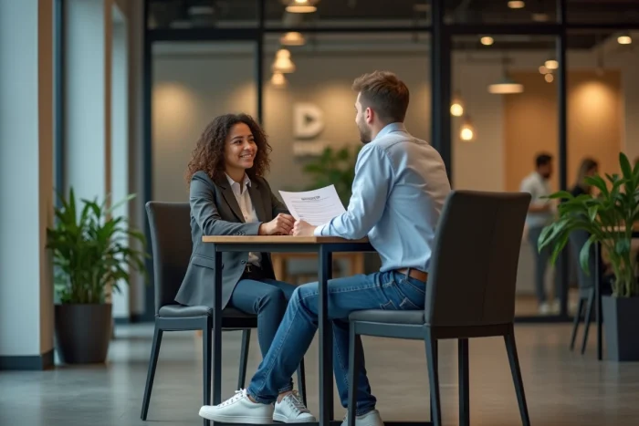 Jeune femme en entretien dans un espace coworking moderne