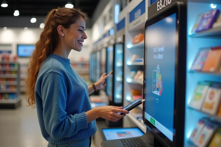 Jeune femme utilisant un kiosque d'impression chez Auchan