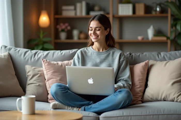 Jeune femme souriante sur un sofa cosy avec ordinateur
