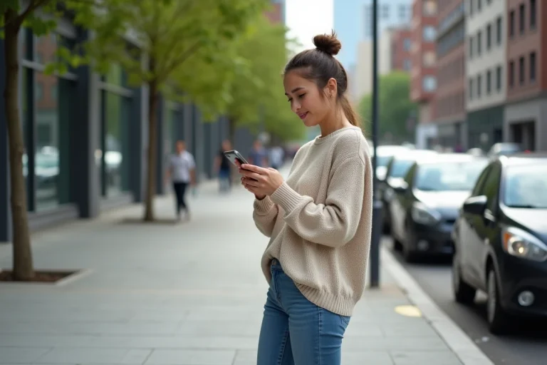 Jeune femme dans la ville regardant son smartphone