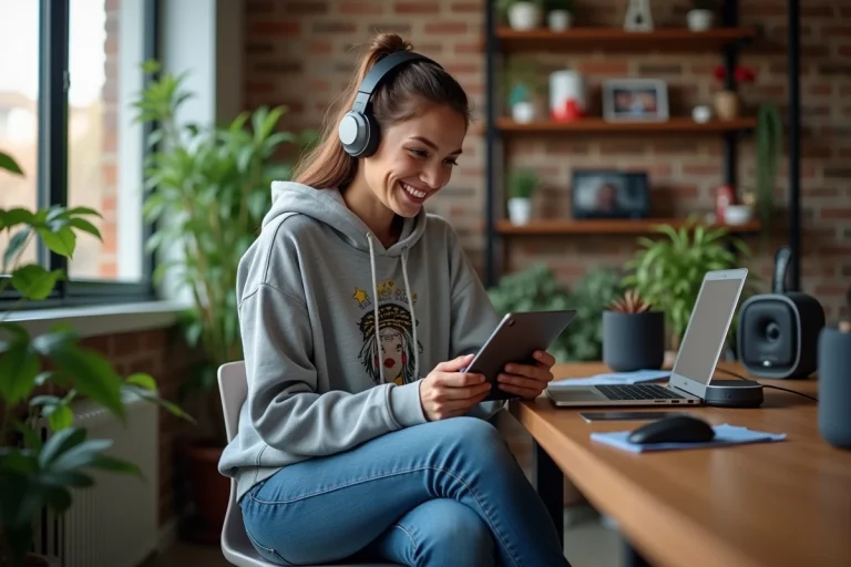 Jeune femme souriante utilisant une tablette dans un appartement moderne
