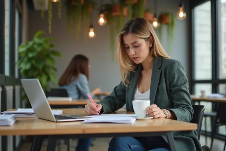 Jeune femme en blazer dans un espace coworking moderne