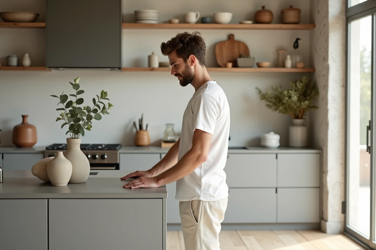 Jeune homme posant un vase avec eucalyptus dans une cuisine lumineuse