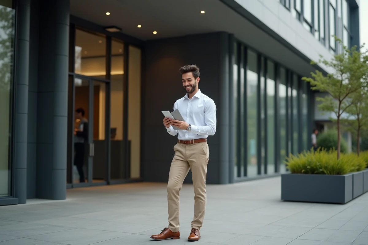 Jeune homme devant un bureau de startup en extérieur
