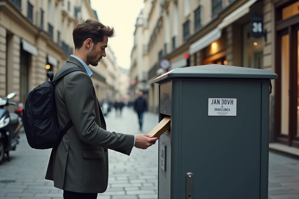 Jeune homme dépose une lettre dans une boîte aux lettres urbaine