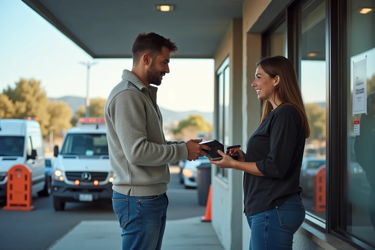 Jeune homme utilisant un terminal de paiement à une fenêtre de fourrière