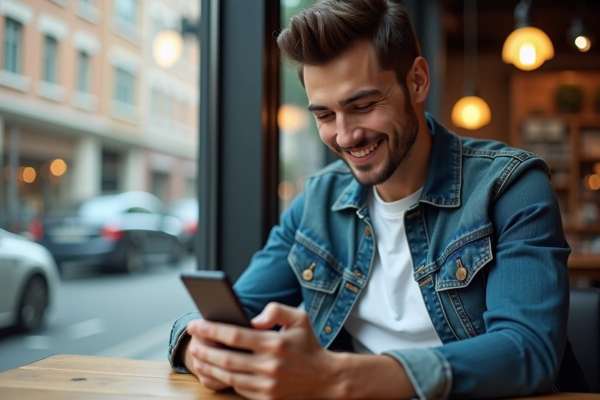 Jeune homme avec smartphone dans un café urbain
