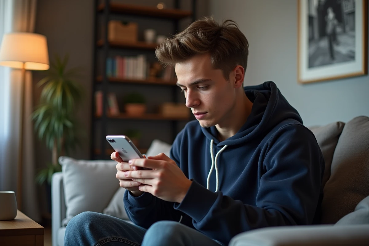 Jeune homme utilisant son smartphone pour naviguer sur Le Bon Coin