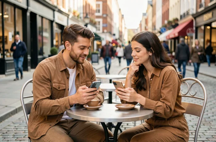 Deux jeunes adultes consultant des conseils numériques sur leurs smartphones dans un café urbain animé