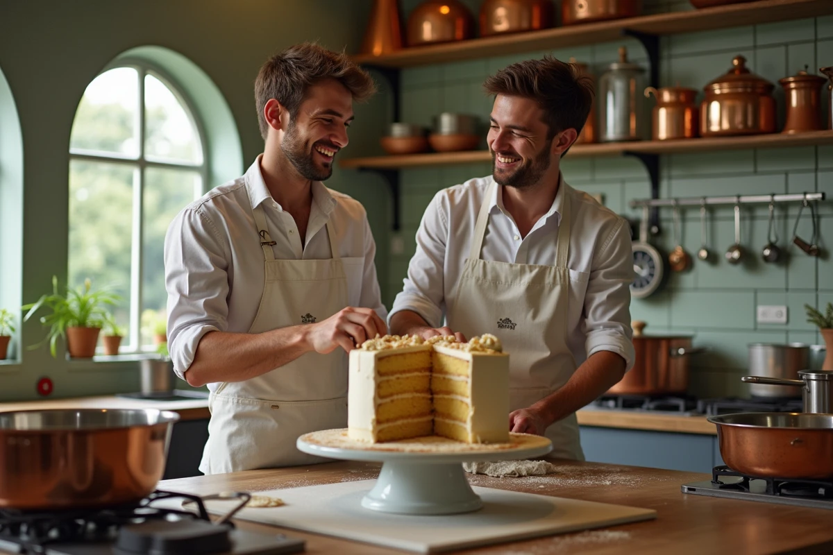 Deux jeunes hommes rient en assemblant un gâteau en cuisine
