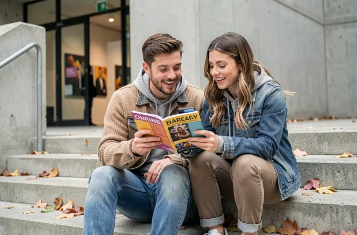 Deux jeunes adultes découvrant ensemble un magazine culturel en ligne devant un centre d'art contemporain