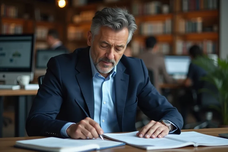 Journaliste homme dans la trentaine assis à un bureau de rédaction avec des notes et documents, portrait professionnel