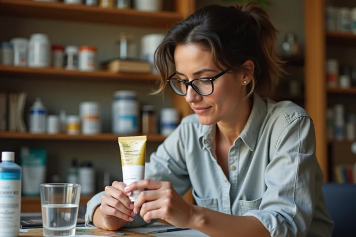 Femme lisant attentivement l'étiquette d'un tube de peinture acrylique avec une bouteille de médium et un verre d'eau posés devant elle
