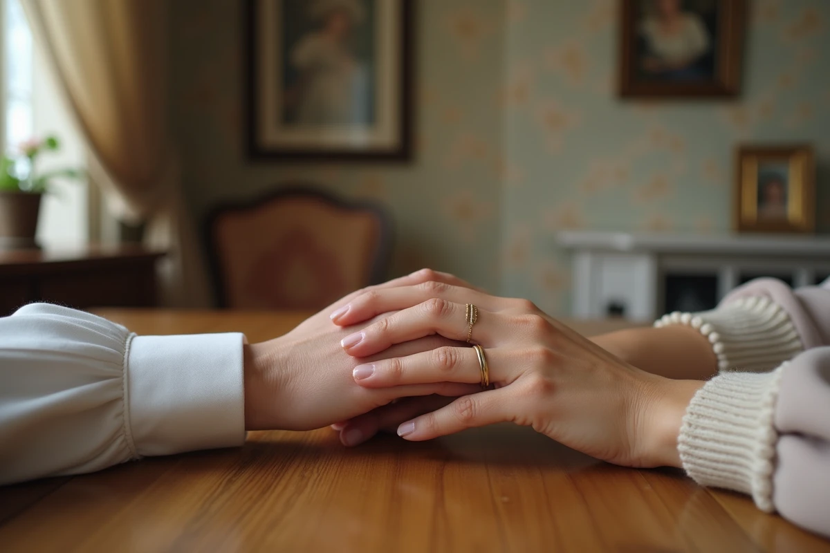 Mains entrelacees avec bagues de mariage sur table en intérieur