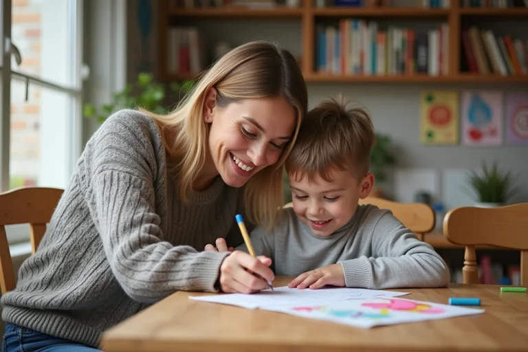 Maman et son enfant de 8 ans travaillant ensemble à la maison