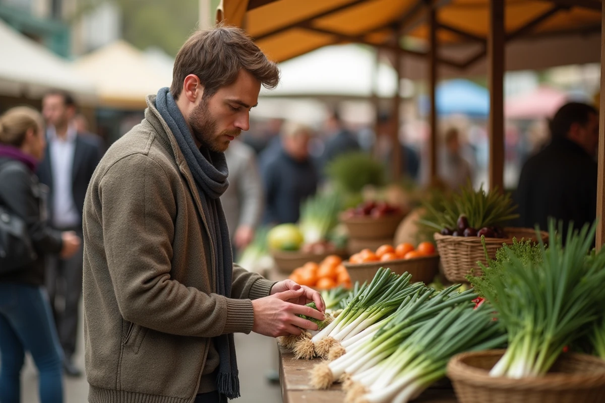 Jeune homme au marché examinant des cébettes colorées