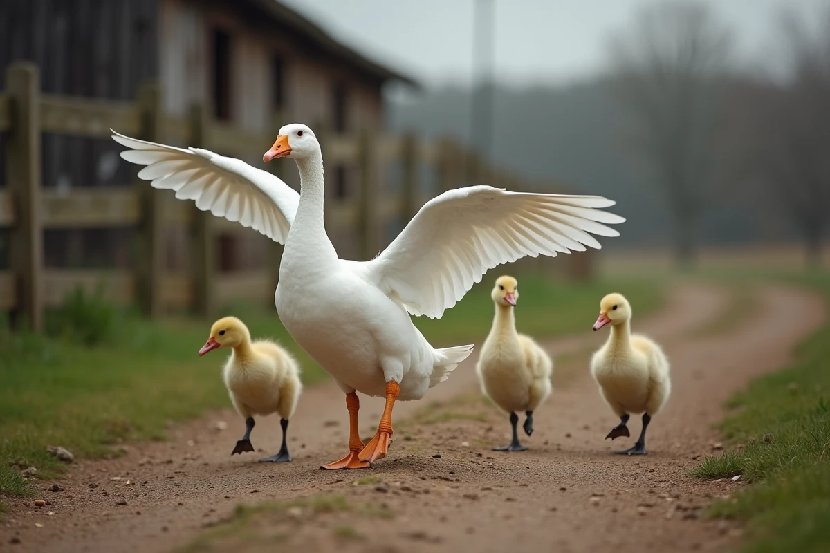 Oie blanche guidant ses petits dans un chemin rural
