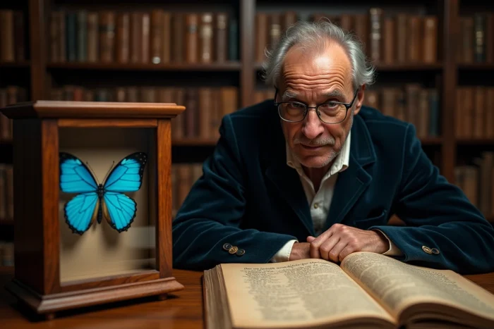 Chercheur examinant un papillon bleu encadré dans une boîte d'ombre vintage sur un bureau de bibliothèque ancienne, symbolisme culturel et traditions mondiales