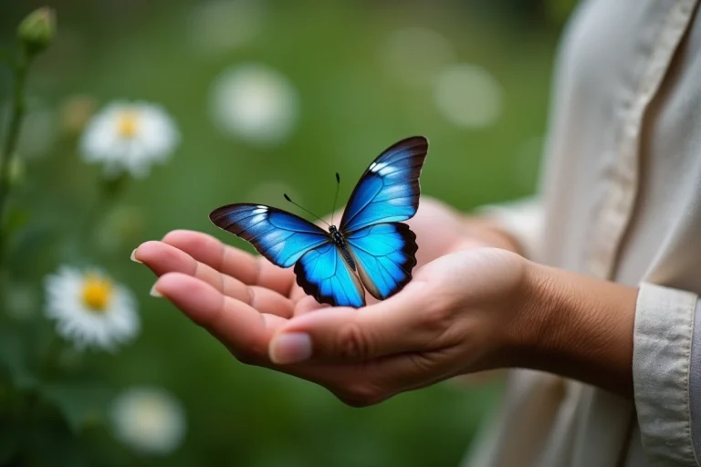 Papillon bleu morpho aux ailes déployées posé sur la paume d'une femme dans un jardin verdoyant, symbolisme et beauté naturelle