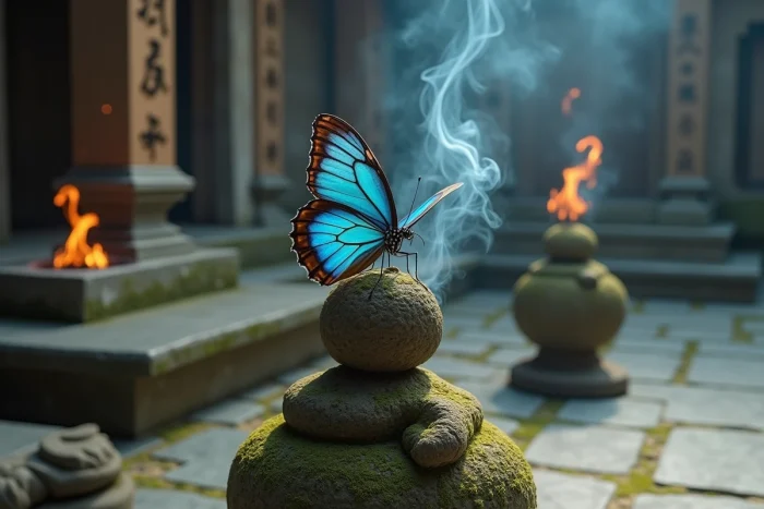 Papillon bleu posé sur une statue de temple asiatique recouverte de mousse avec des bâtonnets d'encens, symbolisme spirituel et traditions du monde