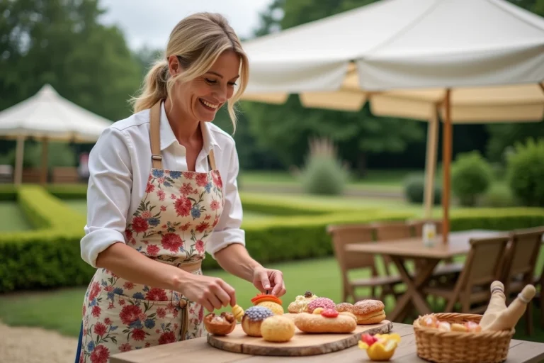 Femme souriante en tablier floral arrangeant des pâtisseries dans un jardin