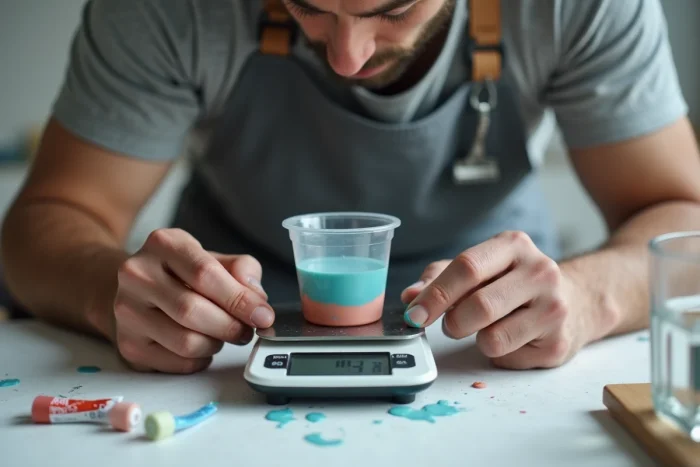 Artiste pesant un récipient de diluant sur une balance numérique de cuisine pour doser précisément la dilution de peinture acrylique