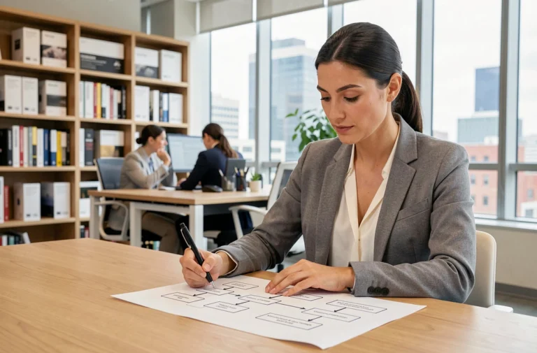 Une professionnelle analysant un diagramme de sitemap imprimé dans un bureau moderne, illustrant la structure d'un site web pour améliorer sa visibilité en ligne