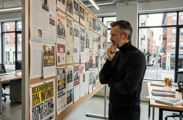 Rédacteur en chef analysant un tableau éditorial de presse culturelle dans un bureau moderne