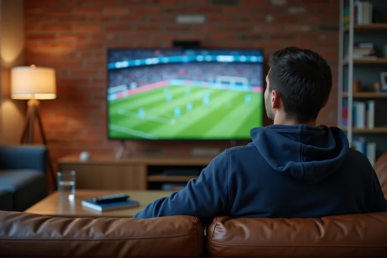 Homme regardant un match de sport en direct sur sa télévision dans son salon