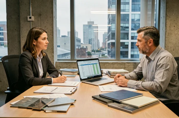 Réunion de professionnels pour l'obtention de devis travaux acier dans un bureau technique moderne