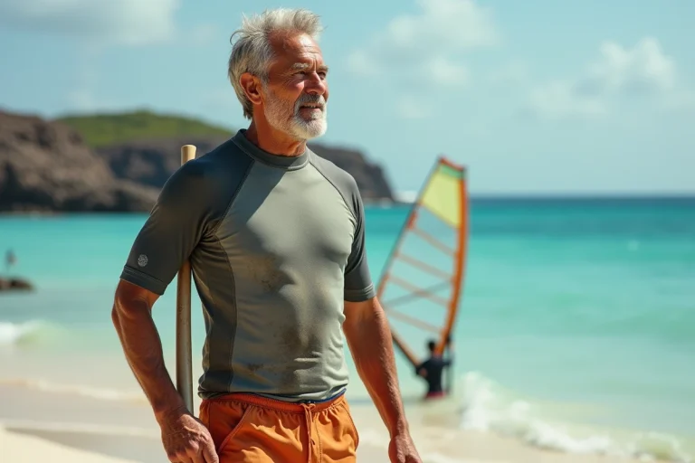 Portrait d'un champion de windsurf polynésien sur une plage tropicale tenant un boom, regard nostalgique vers l'océan