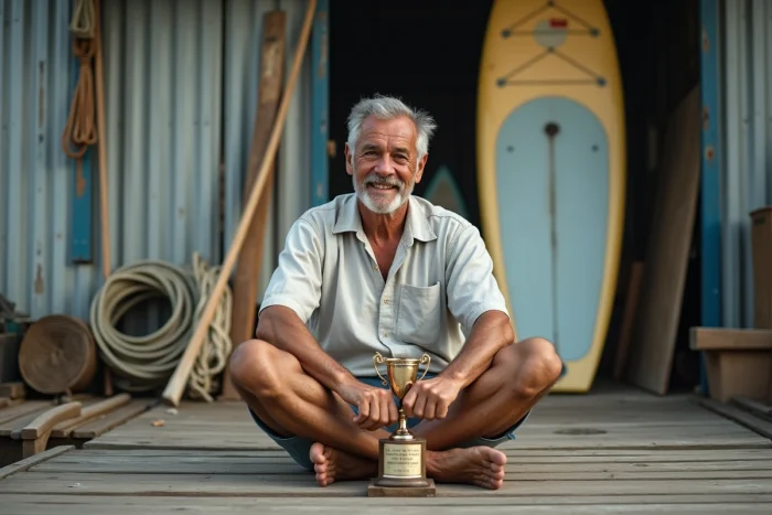 Légende du windsurf polynésien assis sur un ponton en bois tenant un trophée de compétition, atmosphère documentaire authentique