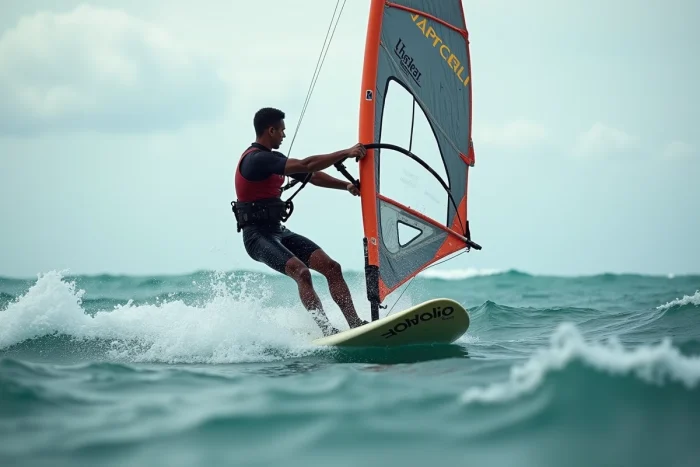 Champion de windsurf polynésien en action sur les vagues du Pacifique, combinaison néoprène et voile tendue en pleine mer