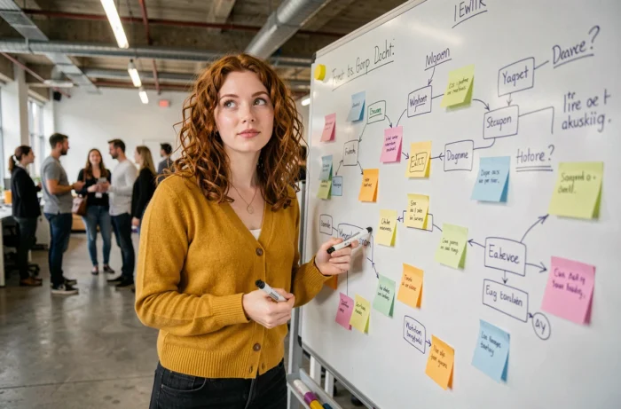 Une professionnelle du SEO présentant une carte d'arborescence de site web sur un tableau blanc dans un espace de travail collaboratif, pour illustrer l'importance du sitemap dans la stratégie de référencement