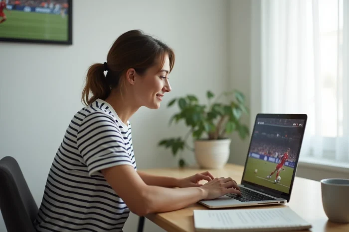 Femme regardant un streaming sportif en direct sur son ordinateur portable à domicile