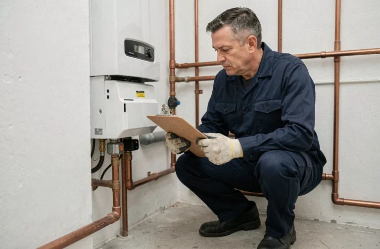Technicien chauffagiste inspectant une chaudière murale dans une chaufferie résidentielle avant achat