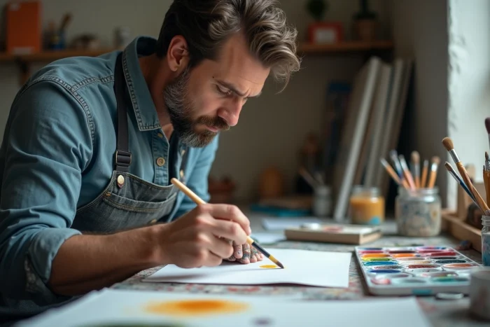 Peintre testant la viscosité de peinture acrylique diluée sur un échantillon papier avant de l'appliquer sur une surface complète