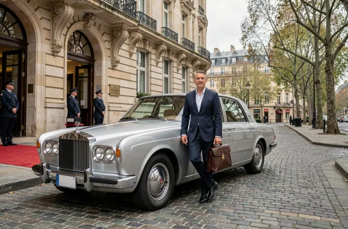 Homme d'affaires descendant d'une Rolls-Royce devant un palace parisien, voyage de luxe et prestige urbain