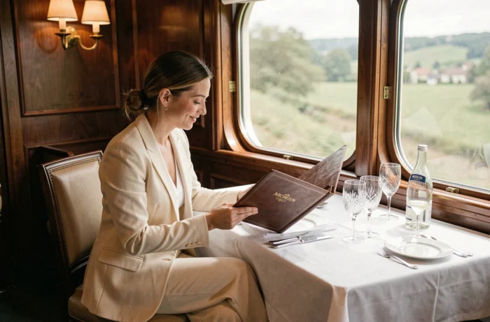 Femme voyageuse seule dans un wagon-restaurant de luxe, gastronomie et train de prestige en Europe
