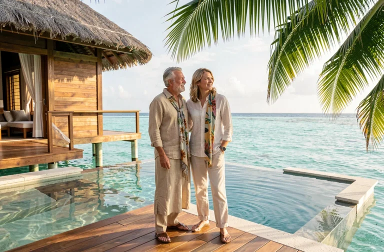 Couple élégant sur la terrasse d'une villa sur pilotis aux Maldives, expérience de voyage de luxe unique